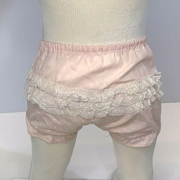 Vintage Newborn Babydoll Bloomers Set Pink Swiss Dot Lace Ruffles Buttons Bow - Picture 7 of 9